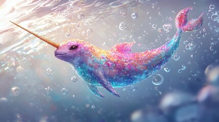 Rainbow Narwhal in an Enchanting Underwater Realm