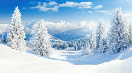 Fototapeta premium Snow-covered mountain landscape with fir trees.