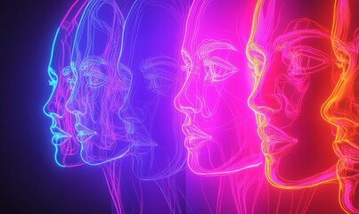 Obraz premium Neon outline faces in a row glow different colors.