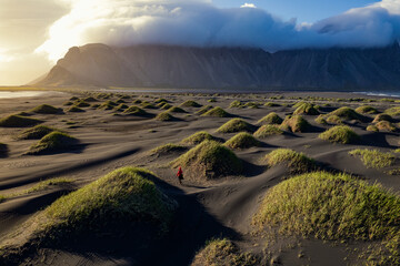 Scenic aerial view black sand landscape with sunset and grass mounds and distant snowy Vestrahorn mountains in Stokksnes in Iceland with walking man in red jacket