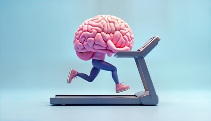 Brain-shaped figure jogs on treadmill. Creative representation of mental exercise, health. Pink brain, running, treadmill exercise. Mental fitness concept. Focus on brainpower, wellness. Illustration