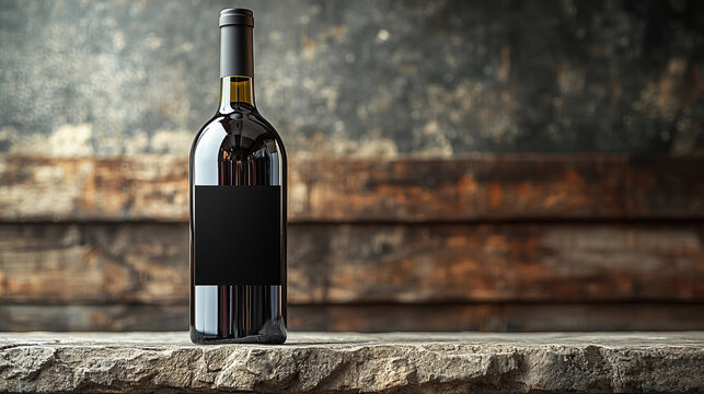 Wine Bottle with Blank Black Label on Textured Stone Surface in Bold Modern Design