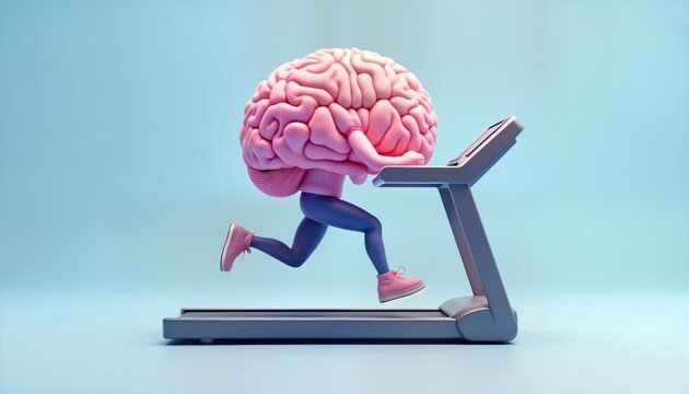 Brain-shaped figure jogs on treadmill. Creative representation of mental exercise, health. Pink brain, running, treadmill exercise. Mental fitness concept. Focus on brainpower, wellness. Illustration