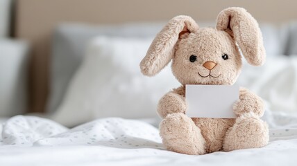 Fototapeta premium Plush bunny holding blank card on bed