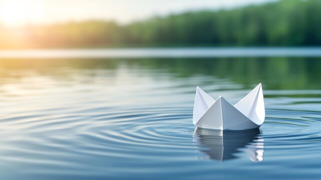 Paper boats floating on a calm water. Generative AI