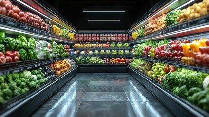 Aisle of Fresh Produce in Modern Grocery Store