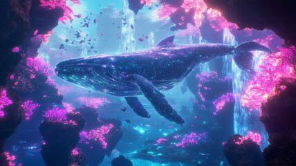 Fototapeta premium デジタルクジラと浮遊する島々が彩るメタバースの幻想的な風景
