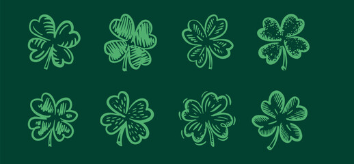 Saint Patricks Day, clover set on green, hand drawn illustrations.