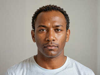 Retrato de un hombre de piel negra joven y apuesto de pie en el interior de una habitación vistiendo una camiseta blanca casual 