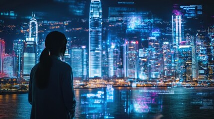 An illuminated skyline morphing into holographic scenes of travelers enjoying guided tours with augmented elements depicting historical facts and stories enhancing their experience.