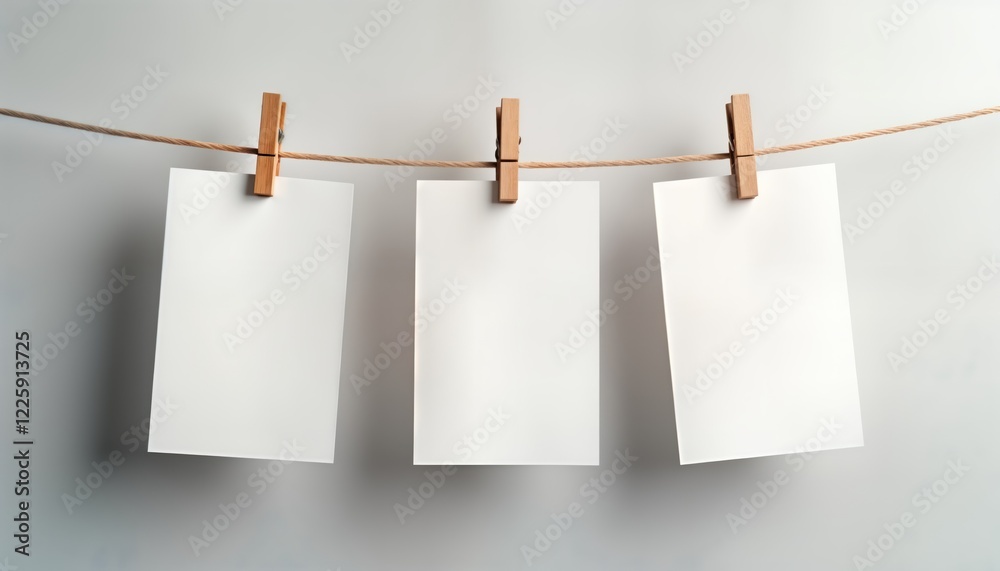 Poster blank white paper sheets hang from light brown rope with wooden clothespins. minimalist presentation