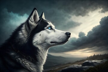 Vertical shallow focus side view of a siberian husky dog