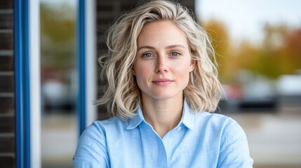Fototapeta premium Confident blonde businesswoman in a blue shirt standing outdoors near an office building during daytime.