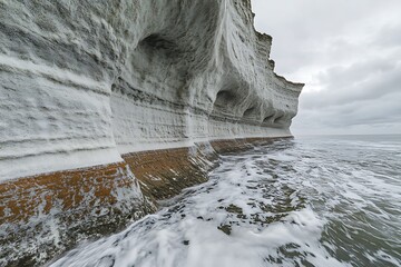 The unique landscape of a chalk cliff by the sea, with waves eroding the base over centuries.