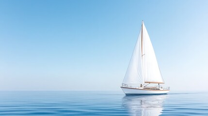 Fototapeta premium White sailboat sailing on calm blue ocean water under a clear sunny sky.