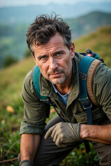 Obraz premium Rugged outdoor enthusiast, possibly a hiker or mountaineer, is captured in a moment of contemplation on a hillside, equipped with a backpack and gloves.