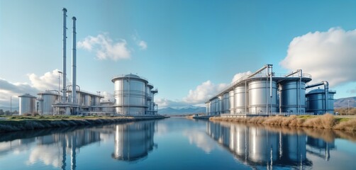 Obraz premium Modern hydrogen power plant by river. Metal tanks, pipelines reflected in still water. Eco-friendly energy production facility. Future of clean energy. Sustainable resource. Industrial concept.