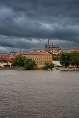 Flood in Prague. View of Prague Castle across the flooding river Vltava, Prague