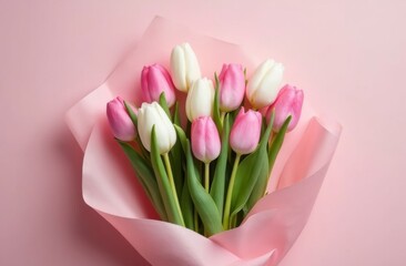 Fototapeta premium Bouquet of pink and white tulips wrapped in pastel pink paper on a soft pink background, perfect for Valentine's Day floral gift or romantic decoration