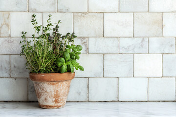 Naklejka premium Fresh herbs in a rustic pot against a textured marble wall, creating a cozy kitchen atmosphere