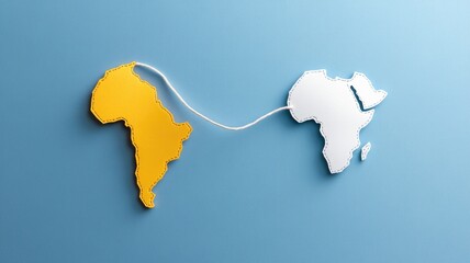 Cutout maps of South America and Africa connected by string on blue background