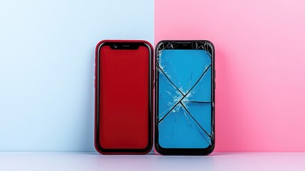Two smartphones, one intact and with cracked screen, on pastel background