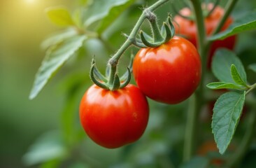 Fresh red tomatoes growing on a vine in a lush green garden, illuminated by natural sunlight
