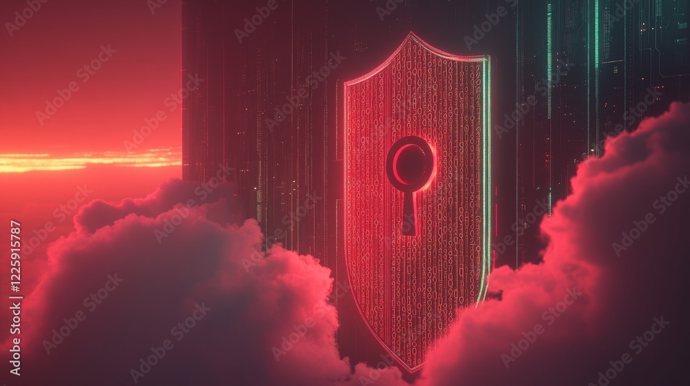Poster secure privacy data in internet. symbol of shield protections of icon man, which consists digit code