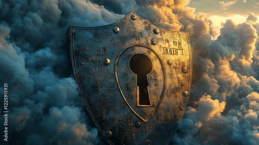 Poster secure privacy data in internet. symbol of shield protections of icon man, which consists digit code