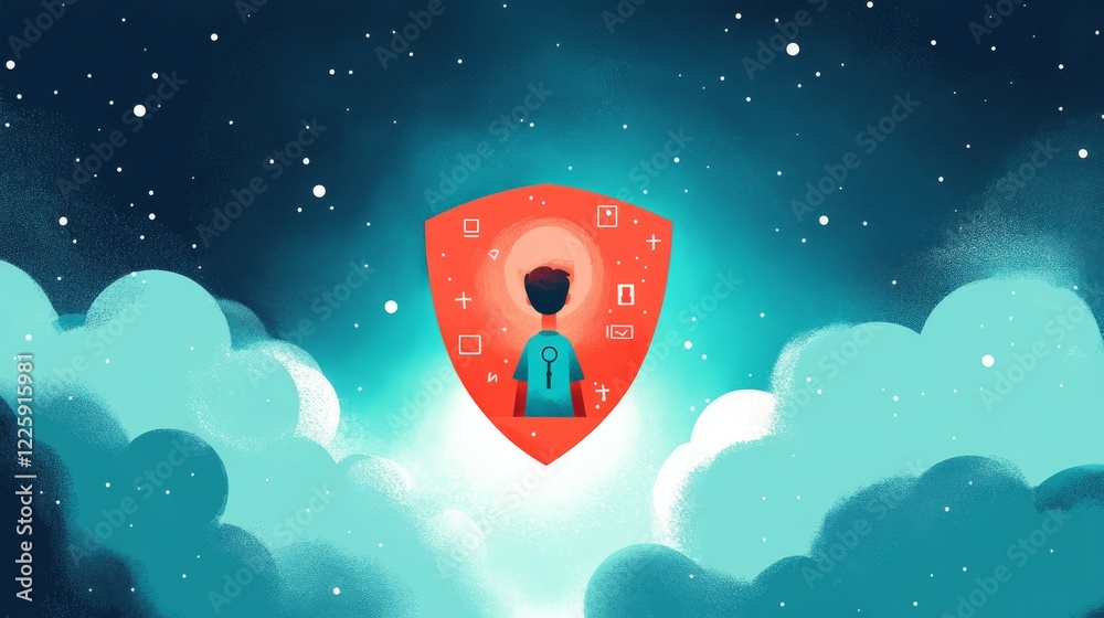 Poster secure privacy data in internet. symbol of shield protections of icon man, which consists digit code