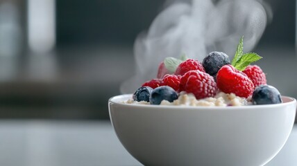 Hot oatmeal bowl topped with fresh berries and mint