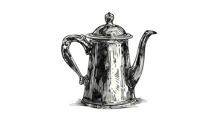 Vintage Stylish Tea Pot Designed With Intricate Patterns Showcased in Black and White Engraving Style