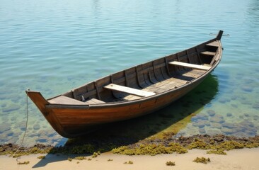 Rustic wooden rowboat tethered to the shore, resting on the clear turquoise water near a sandy beach with seaweed and submerged stones visible beneath the surface