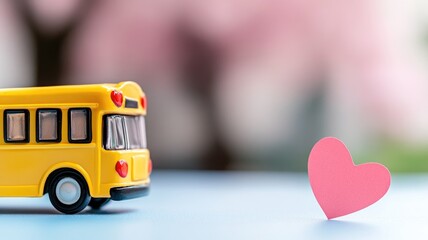 Yellow toy bus and pink heart symbol, concept of love transportation