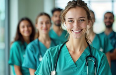 Group of young medical students in hospital scrubs. Smiling, looking at camera. Portrait of happy medical team. Health care professionals in uniform. Hospital scene. Diversity in profession. Learning