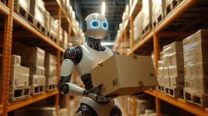 Fototapeta premium Humanoid robot efficiently carrying a package in a bustling warehouse during a busy workday