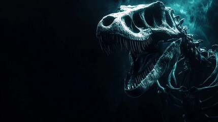 Stunning Allosaurus skeleton captured in striking detail against a dramatic dark background