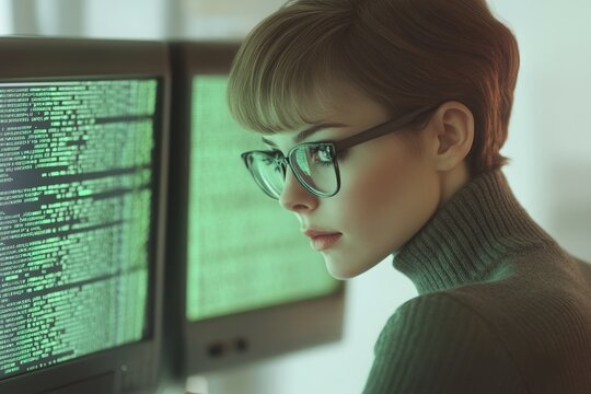 Focused female programmer intensely reviewing lines of code on multiple computer screens.