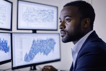 A businessman thoughtfully analyzes complex data displayed on multiple computer screens, focusing intently on the information.