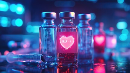 Vials labeled glp-1 with syringes, heart icon, and growth chart symbolize hormone therapy benefits.