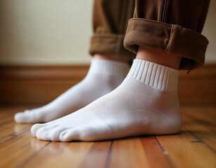 Closeup of two feet wearing white ankle socks on a light brown wooden floor. The socks are simple and plain. Person wearing pants. Feet and ankles are visible. Everyday casual style.