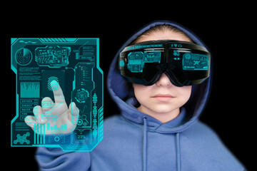 Girl in blue hoodie with virtual reality headset using virtual interface HUD on black background. Virtual reality glasses. Cyberspace, entertainment, online leisure concept
