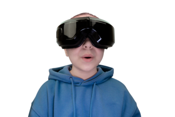 Portrait of a girl with a virtual reality headset in a blue hoodie on a transparent background. Virtual reality glasses. Cyberspace, entertainment, online leisure concept