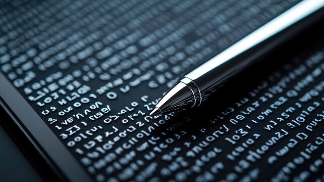 Pen on document with encrypted language