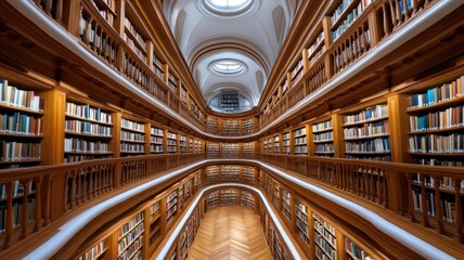 Obraz premium Grand library with wooden bookshelves and arched ceilings