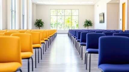Bright conference room with yellow and blue chairs, large window, and screen. Ideal for meetings or presentations