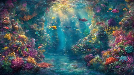 Fototapeta premium Vibrant Underwater Coral Reef Scene with Colorful Fish