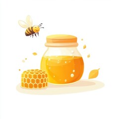 Honey jar with honeycomb and bee, healthy food illustration