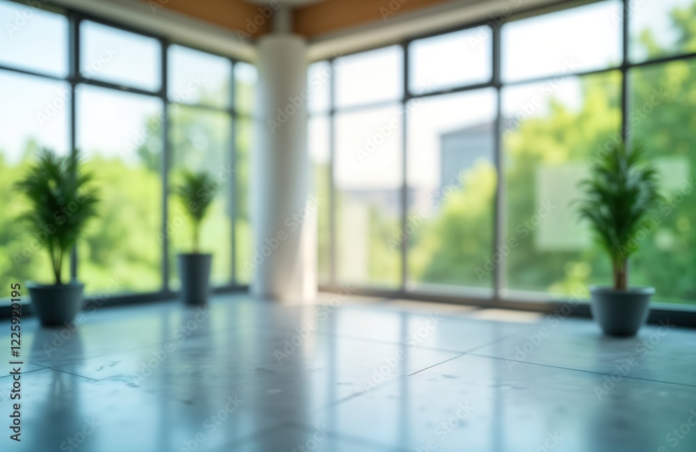 Aufkleber empty modern office space with large windows. rich green trees visible outside. sunny day. eco frien