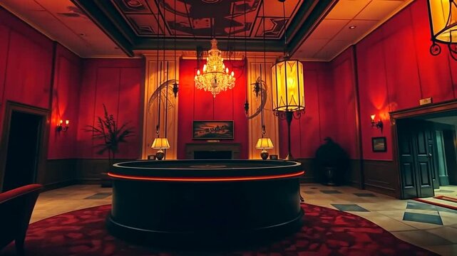 Crimson Lobby: A Dark and Mysterious Hotel Interior